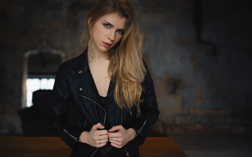 Elizaveta Podosetnikova, women, Sergey Fat, blonde, portrait, leather jackets, black jackets, HD wallpaper HD wallpaper