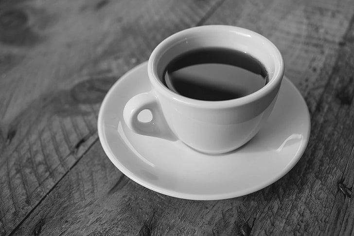black and white, black coffee, break, breakfast, caffeine, cappuccino, coffee, cup, delicious, drink, espresso, foam, hot, saucer, table, wood, HD wallpaper