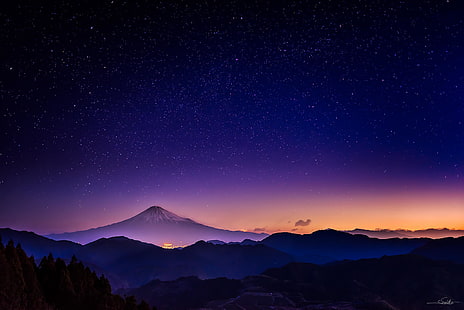 Gunung Fuji, Jepang, langit, bintang, gunung, malam, alam, cahaya, Wallpaper HD HD wallpaper