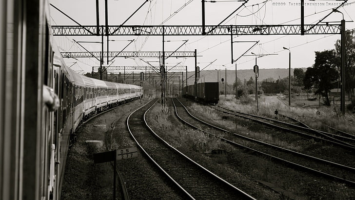 gray railroad tracks, train, railway, monochrome, HD wallpaper