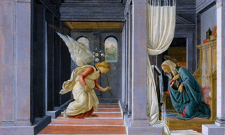 quadro, mitologia, Sandro Botticelli, L'Annunciazione, Sfondo HD