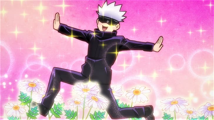 Jujutsu Kaisen, Satoru Gojo, blaue Haare, weiße Haare, Uniform, Blumen, Lächeln, Anime, Anime-Screenshot, Anime-Jungs, Augenbinde, rosa Hintergrund, HD-Hintergrundbild