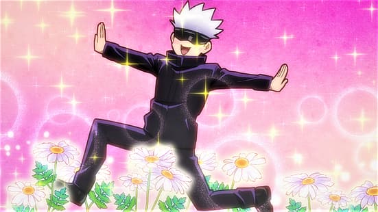 Jujutsu Kaisen, Satoru Gojo, rambut biru, rambut putih, seragam, bunga, tersenyum, anime, tangkapan layar Anime, anak laki-laki anime, penutup mata, latar belakang merah muda, Wallpaper HD HD wallpaper