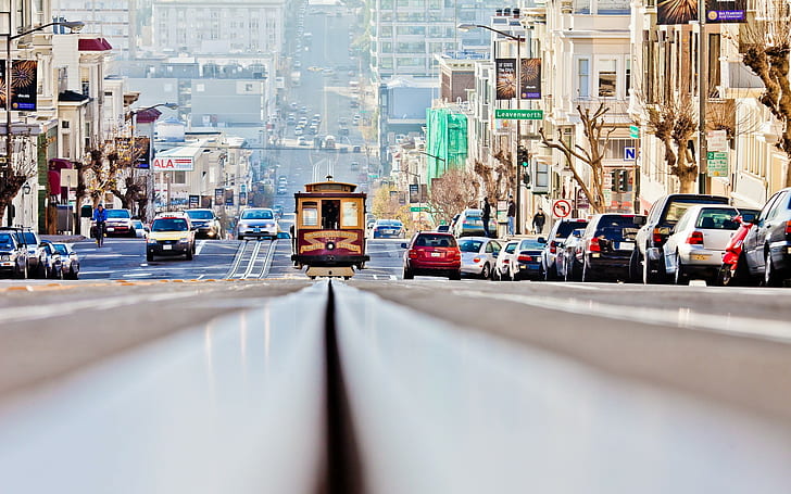 landscape, San Francisco, closeup, tram, worm's eye view, street, road, city, car, cityscape, transport, HD wallpaper