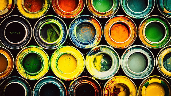 paint can lot, colorful, typography, blue, green, orange, yellow, Chaos, red, HD wallpaper