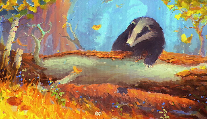 Animal, Artistic, Badger, Forest, Log, Painting, HD wallpaper