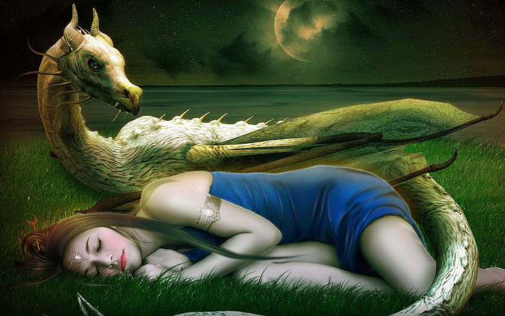 Arte da fantasia, menina, dormindo, dragão, mulheres com pintura de dragão, Fantasia, Arte, Menina, dormindo, dragão, HD papel de parede