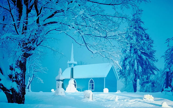 Snölandskap, snö, blått, vinter, kyrka, 3d och abstrakt, HD tapet