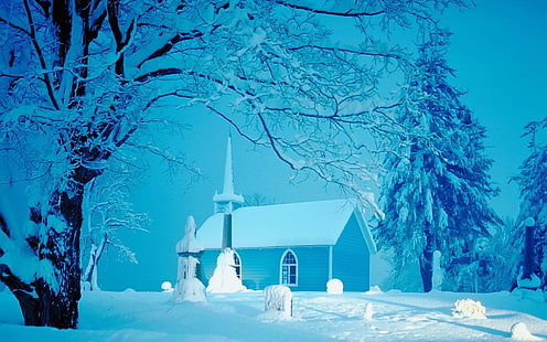 Scenario della neve, neve, blu, inverno, chiesa, 3d ed estratto, Sfondo HD HD wallpaper
