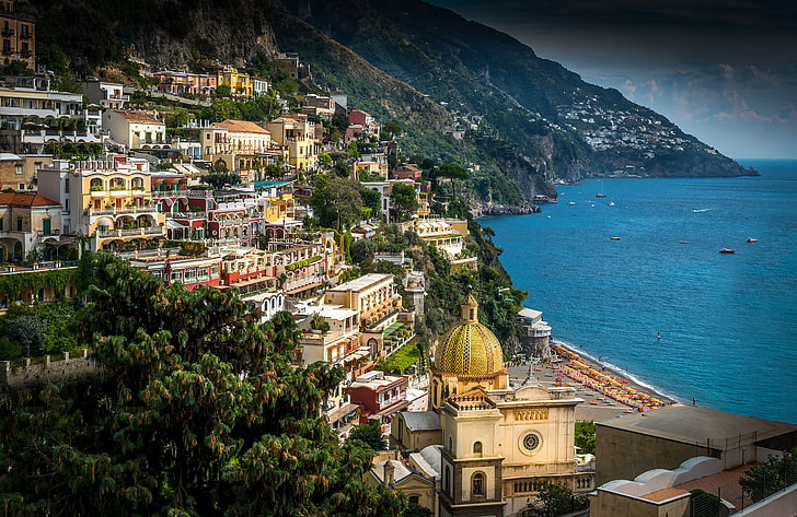 sea, landscape, coast, building, Italy, Bay, Campania, Amalfi Coast, Positano, Gulf of Salerno, Campaign, HD wallpaper