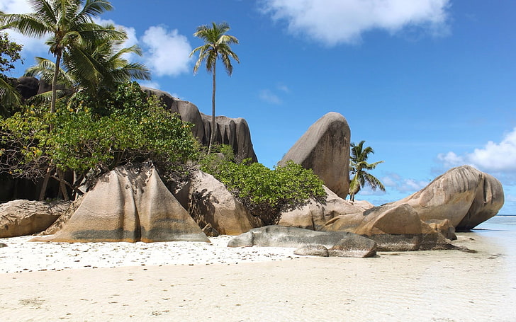 Sandy beach-Seychelles island scenery HD wallpaper, rock formation on seashore, HD wallpaper