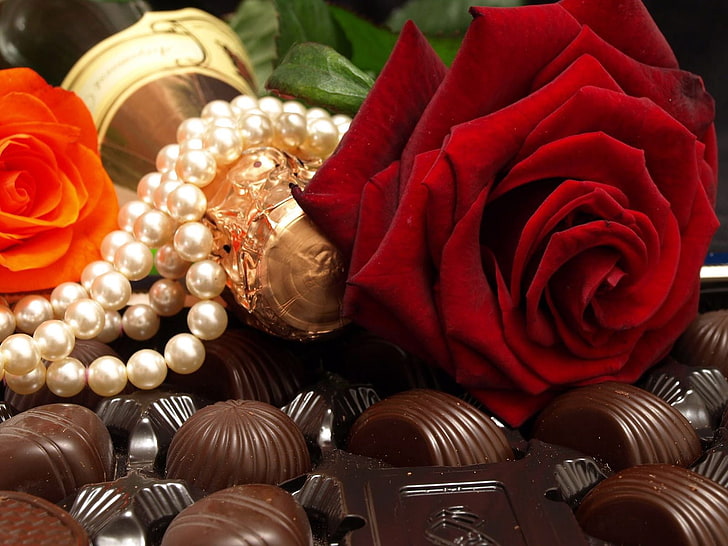 red rose flower and white pearl necklace, chocolate, rose, tasty, sweet, HD wallpaper