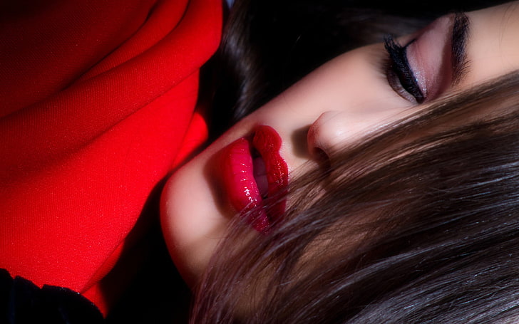 wanita, model, wajah, rias wajah, lipstik, berambut cokelat, Wallpaper HD