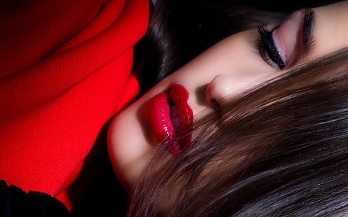 femmes, modèle, visage, maquillage, rouge à lèvres, brune, Fond d'écran HD HD wallpaper