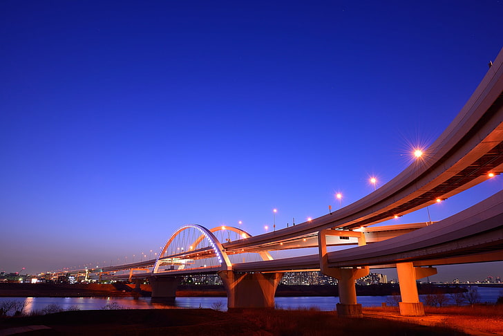 the sky, night, bridge, lights, Japan, Bay, blue, Yokohama, HD wallpaper