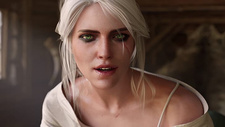 Cirilla Fiona Elen Riannon, face, green eyes, The Witcher, Ciri, The Witcher 3: Wild Hunt, white hair, Cirilla, video game characters, Ciri (The Witcher), HD wallpaper