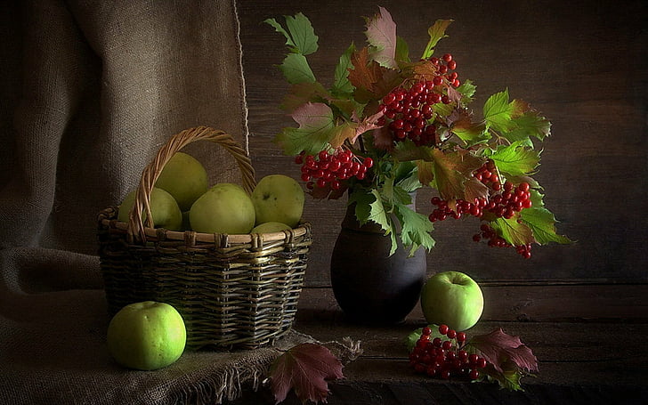 تصوير ، صامت ، تفاح ، سلة ، بيري ، ورقة ، مزهرية، خلفية HD
