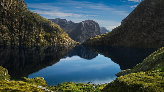 lake quill, lake, new zealand, southland, reflected, reflection, reflect, mountains, rock, cliff, national park, fiordland national park, fjord, mountian lake, HD wallpaper HD wallpaper