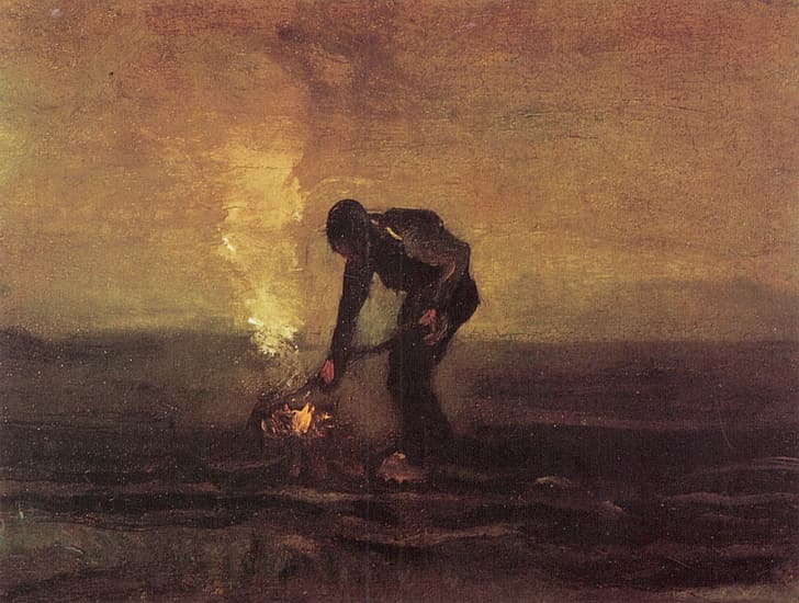 Винсент Ван Гог, человек и огонь, крестьянин, жгущий сорняки, HD обои
