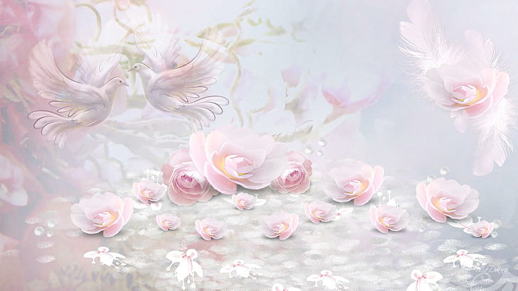 Pink Roses Doves, delicate, roses, soft, feather, doves, pink, spring, birds, scatter, light, summer, 3d and abstract, HD wallpaper