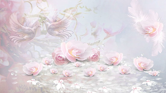 Pink Roses Doves, halus, mawar, lembut, bulu, merpati, pink, musim semi, burung, hamburan, cahaya, musim panas, 3d dan abstrak, Wallpaper HD HD wallpaper