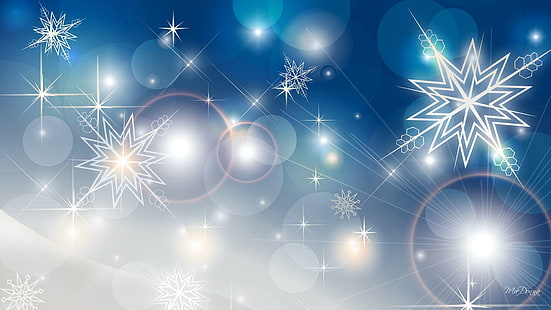 Blue Winter Story, stars, snowflakes, christmas, bright, sparkle, abstract, shine, blue, winter, flare, night, 3d and abst, HD wallpaper HD wallpaper