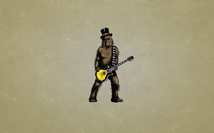 Chewbacca segurando guitarra, chapéu, guitarra, minimalismo, cabeludo, Guerra nas Estrelas, óculos, Chewbacca, fundo escuro, Chewie, Chewey, HD papel de parede