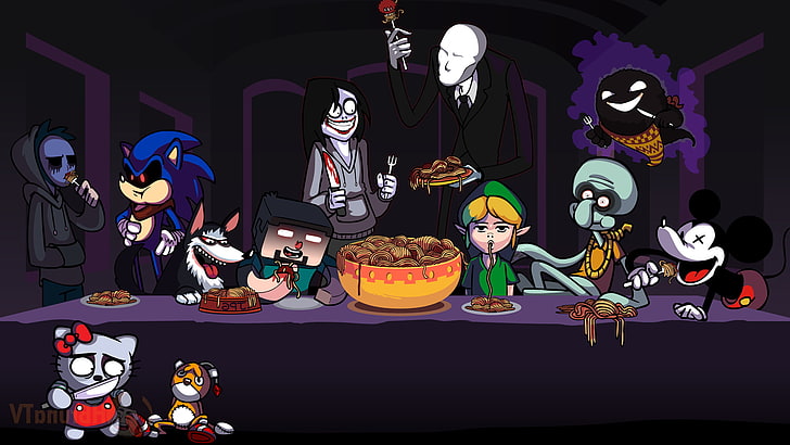 Ghast, halloween, Hello Kitty, Link, Mickey Mouse, Minecraft, Parody, pokemon, Slender Man, Sonic The Hedgehog, Spaghetti, Steve, The Last Supper, video Game Characters, HD wallpaper