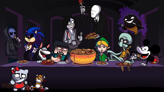 Ghast, halloween, Hello Kitty, Link, Mickey Mouse, Minecraft, Parody, pokemon, Slender Man, Sonic The Hedgehog, Spaghetti, Steve, The Last Supper, video Game Characters, HD wallpaper HD wallpaper