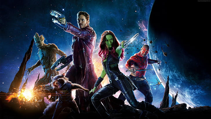 Gamora, meilleurs films, Zoe Saldaña, Guardians of the Galaxy Vol 2, raton laveur, Fond d'écran HD