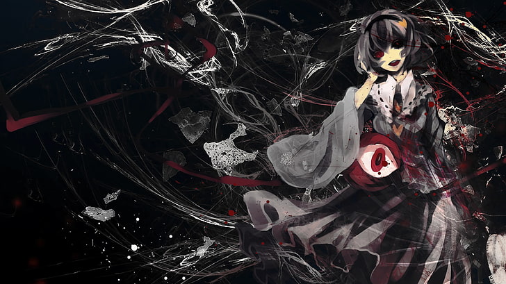 black haired anime character painting, blood, dark, red eyes, dress, eyes, black, short hair, dark hair, white dress, Touhou, Komeiji Satori, HD wallpaper