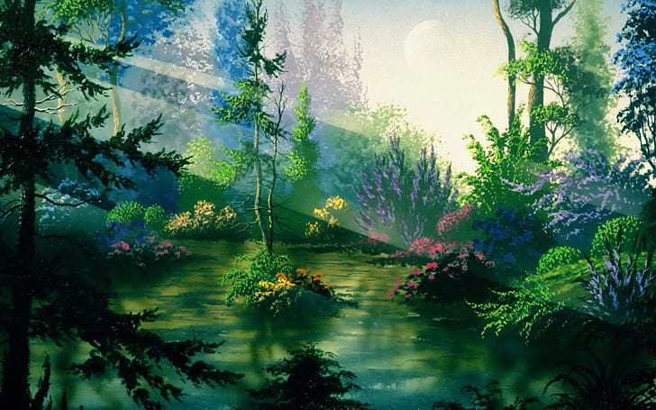 Krajobraz HD, malowanie zielonych drzew, fantasy, krajobraz, Tapety HD
