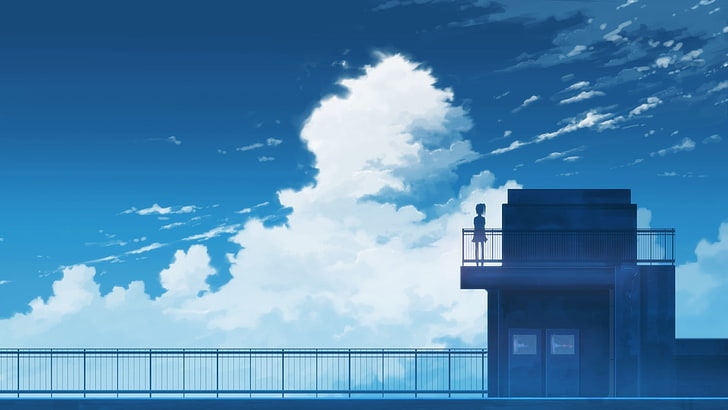 anime girl, rooftop, clouds, scenic, sky, ponytail, Anime, HD wallpaper