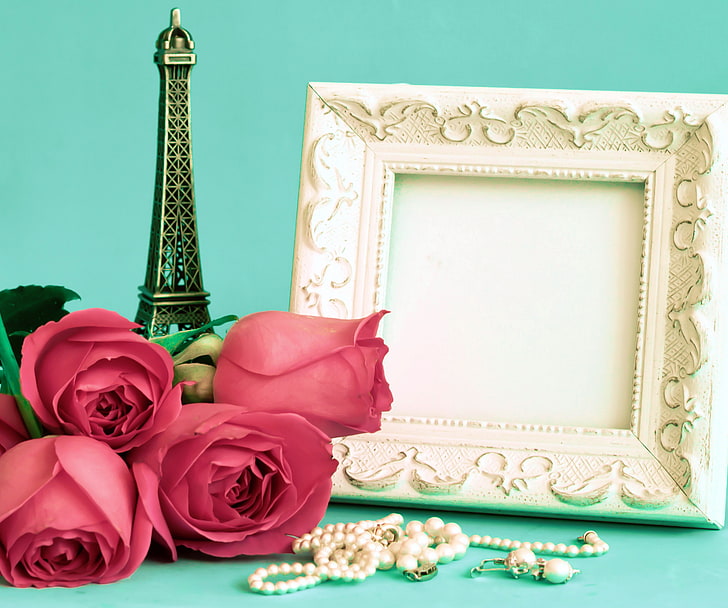 square white photo frame and pink flowers, flowers, roses, frame, Paris, vintage, pink, HD wallpaper