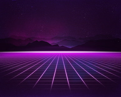 Neon, Synthwave, Retrowave, Grid, Mountains, Purple, HD, HD wallpaper HD wallpaper
