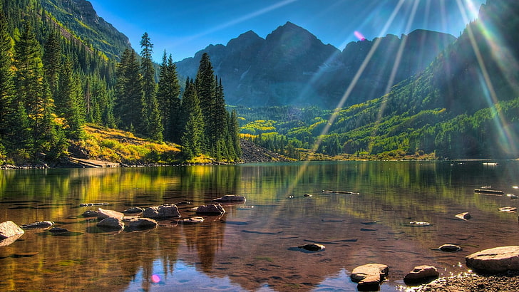 sunray, lake, mountains, sunny, forest, HD wallpaper
