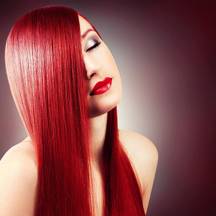 closed eyes, women, model, face, portrait, straight hair, redhead, red lipstick, HD wallpaper