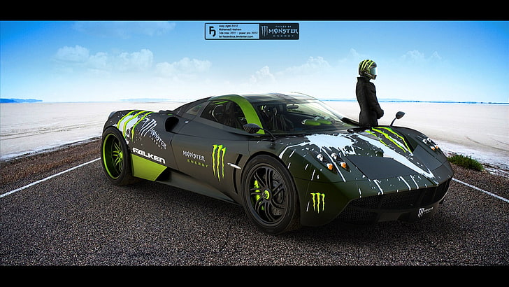 черно-зеленый спортивный автомобиль, Monster Energy, автомобиль, автомобиль, HD обои
