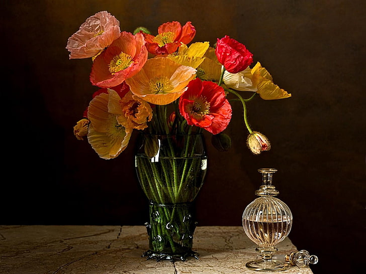 زهور بألوان متنوعة ومزهرية زجاجية شفافة ، خشخاش ، زهور ، مزهرية ، زجاجة ، طاولة، خلفية HD