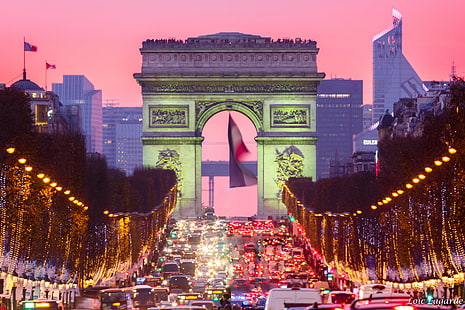 Anıtlar, Arc De Triomphe, Champs-Élysées, Işık, Anıt, Gece, Paris, Sokak, Ağaç Astarlı, HD masaüstü duvar kağıdı HD wallpaper