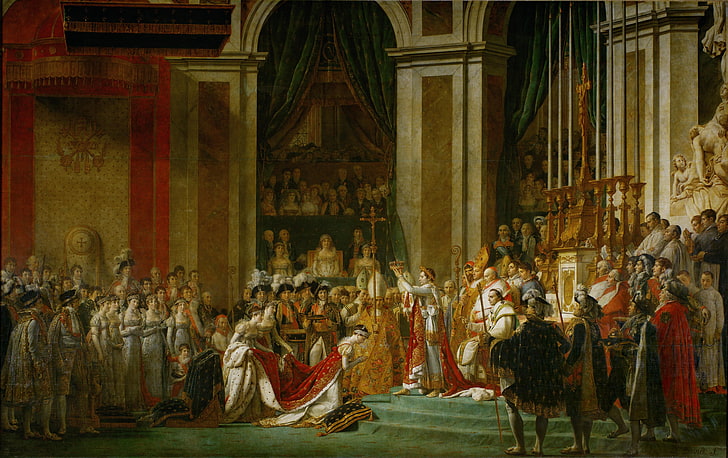 vitrine de painel de vidro emoldurado em madeira marrom, Jacques Louis David, A Coroação de Napoleão e Josephine, pintura, royal, cortinas, pilar, arte clássica, HD papel de parede