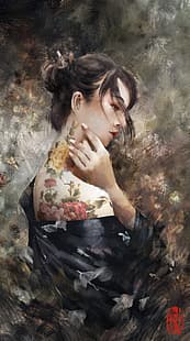 Japanska, kvinnor, blommor, tatuering, kimono, HD tapet HD wallpaper
