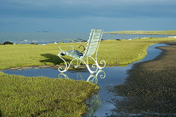 artistic, bay, beautifull, bench, blue, chair, dublin, fresh, garden, grass, ireland, island, landscapes, nature, paradise, park, peace, reflection, relax, relaxation, scene, sea, seafront, seascape, seat, travel, wave, HD wallpaper