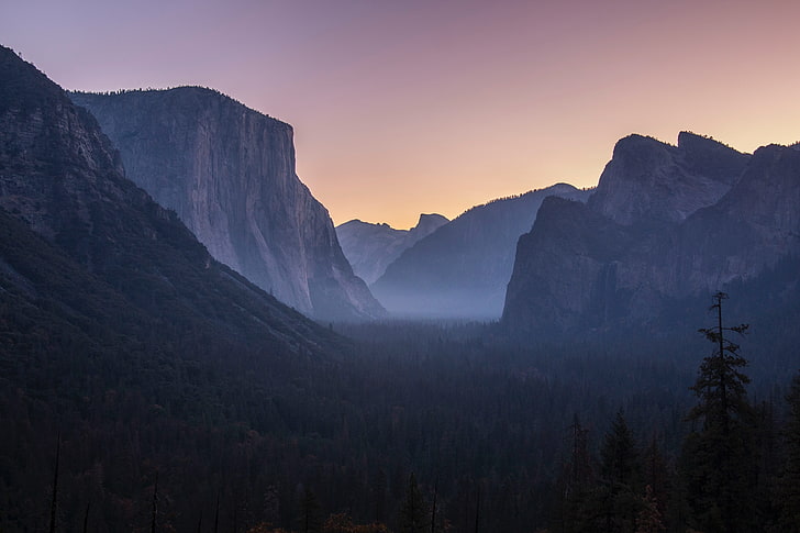 brown rock mountain, landscape, nature, mountains, mist, rocks, forest, Yosemite National Park, HD wallpaper