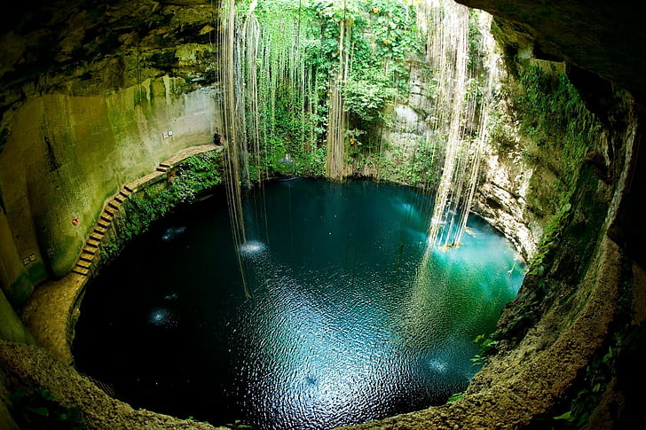 cenotes pit sinkholes mexico water circle cave scuba diving nature landscape lianas, HD wallpaper