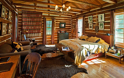 Suíte de quarto de cabana de madeira, quartos, arquitetura, cabanas de madeira, design de interiores, natureza e paisagens, HD papel de parede HD wallpaper