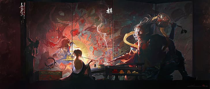 painting, smoking, smoke, samurai, sword, arrows, waves, sheath, spear, weapon, demon, Oni, kimono, dragon, eastern, Japanese, smoking pipe, lantern, women, face paint, HD wallpaper