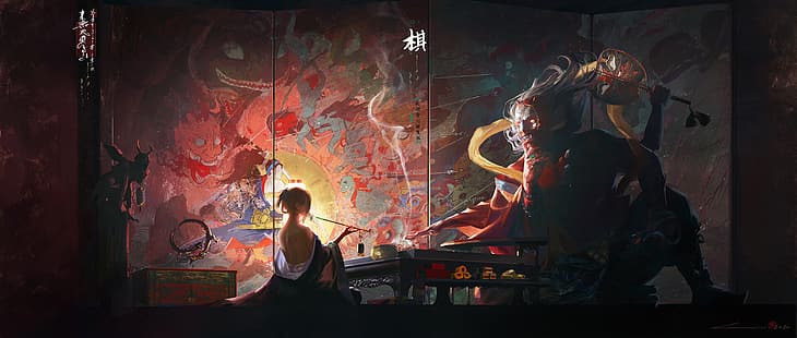  painting, smoking, smoke, samurai, sword, arrows, waves, sheath, spear, weapon, demon, Oni, kimono, dragon, eastern, Japanese, smoking pipe, lantern, women, face paint, HD wallpaper HD wallpaper