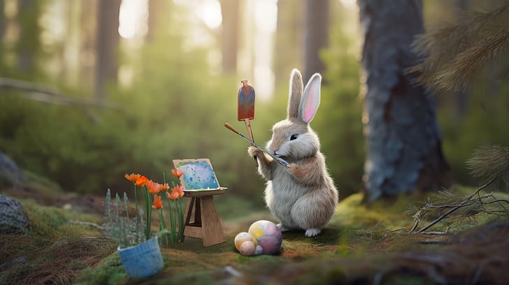 AI art, rabbits, Easter, forest, HD wallpaper