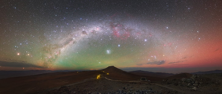 фотография, природа, пейзаж, продължителна експозиция, панорама, Млечен път, звездна нощ, пустинята Атакама, хълмове, светлини, обсерватория, Чили, HD тапет